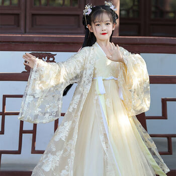 花似梦黄色全套>大方秋装少女心小孩衣服古典舞台萌 110>裙子聚会古筝