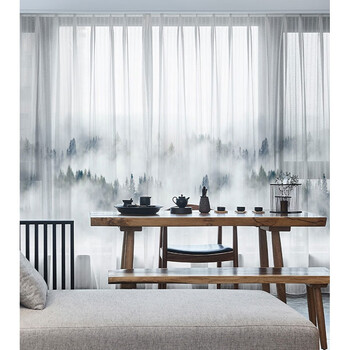 薄沙窗帘新中式窗帘山水水墨画窗帘窗花鸟客厅阳台古风茶室中国风禅意