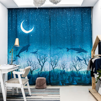 诺罗北欧简约儿童窗帘创意蓝色男孩卧室客厅遮光窗帘布隔断布纱一体飞