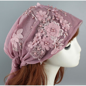 新品绣花头巾帽子超仙女长纱巾包头帽蕾丝刺绣花朵海边晒头巾帽子度假