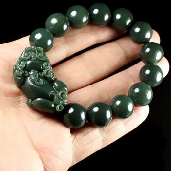 时光巷陌 自然真品和田玉貔貅手链青玉珠玉石手串男女款圆珠皮丘财