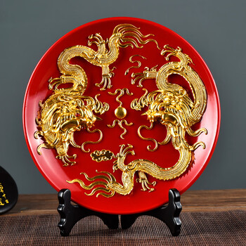 中国红漆线雕龙凤呈祥釉摆盘摆件礼品中式结婚礼物送新人 红釉双龙盘
