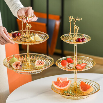喜得润 客厅茶几家用糖果零食盘水果盘下午茶甜品台点心架轻奢多层果盘 麋鹿琥珀果盘-三层