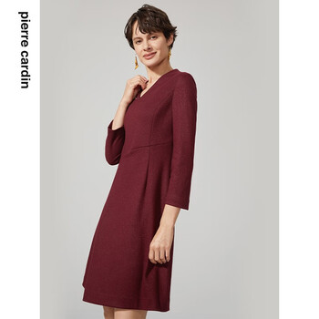 皮尔卡丹女装酒红色羊毛连衣裙时尚高端A字裙P94DL04T0 酒红色 44A(175/104A)