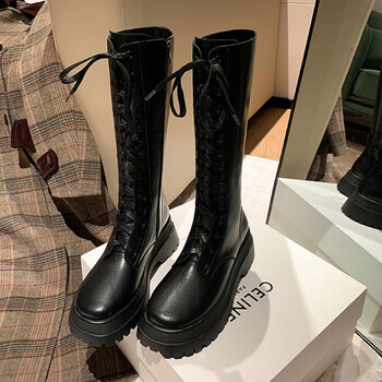 phry高筒长靴女2022年秋厚底增高马丁靴单靴子系带骑士靴不过膝长筒靴