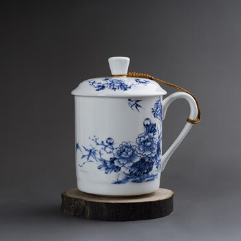 青花瓷大茶杯带盖大容量陶瓷水杯办公室茶杯景德镇青花瓷礼盒 富贵