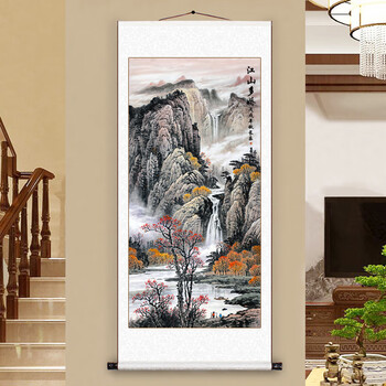 室装饰画中堂玄关走廊挂画竖幅条幅卷轴鸿运当头字画实木框装裱长城画