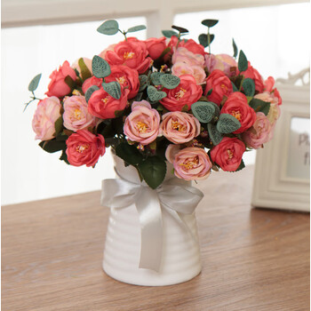 客厅装饰假花干花饰品摆件花瓶插花摆放花卉绢花 深粉欧玫瑰4束套装