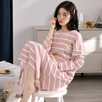 研豆春秋天睡衣女生初高中学生韩版时尚宽松可外穿纯棉长袖睡裙女式