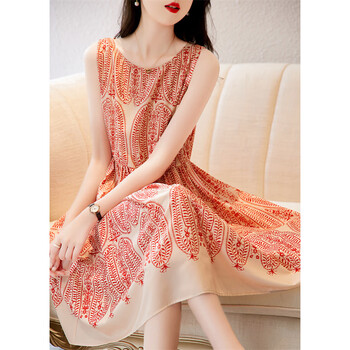 德玛纳（dme）佩斯利印花22夏新圆领宽松伞裙无袖拉链a字连衣裙女中长款 红色 S 