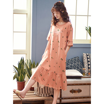 伐柯多拉美睡裙女夏季纯棉短袖连衣裙睡衣甜美清新大码夏天家居服浅橘