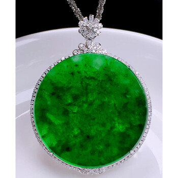 发源地 满色辣绿圆牌吊坠18k金镶钻缅甸a货翡翠玉石珠宝首饰送女友