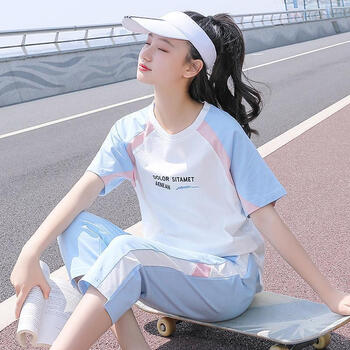 玺飘飘微胖女生穿搭套装运动女学生初中生女装夏季休闲少女韩版卫衣