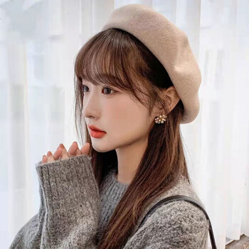 显脸小画家帽子奶茶色偏黄米色系一对夹子常规款可调节帽围5558左右