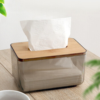 日式简约抽纸盒 办公家用北欧卷纸筒茶几餐巾纸盒纸巾盒 透明款竹木盖-中号