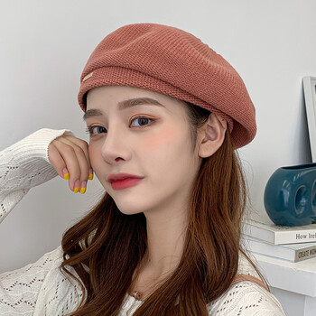 娆蝶 纯色针织贝雷帽女2023秋冬百搭南瓜帽毛线帽户外保暖简约画家帽 休闲金属标针织贝雷帽 豆沙粉 M(56-58cm)可调节