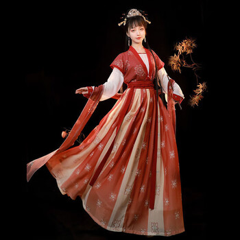 汉服女唐制中国风对襟唐褙子齐腰襦裙春夏 红色三件套3米song披帛