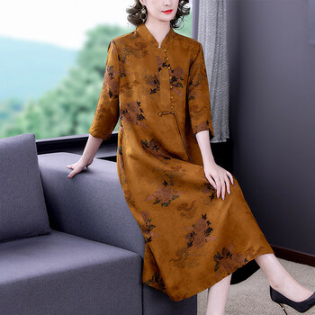 香云纱连衣裙高档修身新款中老年人桑蚕丝裙子早夏2022年女装黄色l