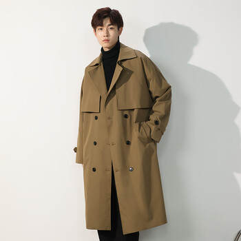 斗篷加绒中长款过膝风衣男秋季新款韩版ins潮帅气双排扣宽松休闲大衣