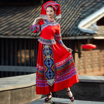 壮族服装女三月三民族服装少数舞蹈演出衣服土苗瑶族男 女铃款大红色