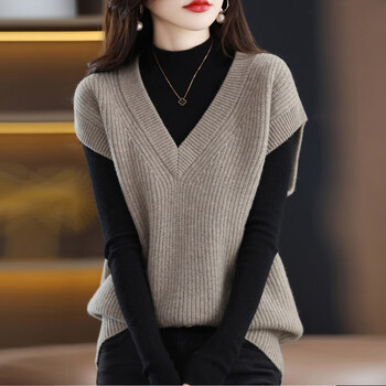 辉客映上鄂尔多斯市羊毛衫马甲女士秋冬v领宽松无袖针织背心羊绒毛衣