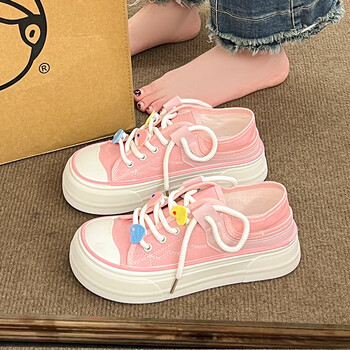 百丽美咖休闲板鞋奶呼呼小白鞋子新款女秋季可爱面包鞋厚底帆布鞋粉色