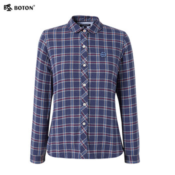 波顿早春新款长袖薄磨毛蓝白色红色格子衬衫女纯棉高端英伦衬衣 蓝白