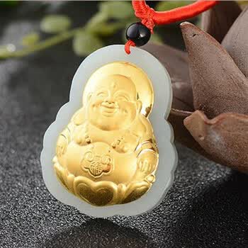 天然和田玉金镶玉观音菩萨弥勒佛笑佛欢喜佛吊坠足金厚