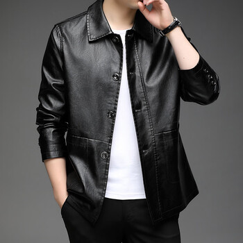 hla)同款海宁真皮皮衣男短款头层小牛皮翻领商务中年机车皮夹克春秋季