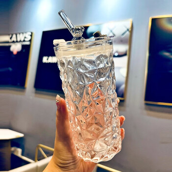 水杯女新款家用2023办公室感带盖2022饮料杯 小熊钻石杯 带吸管(透明)