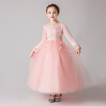 小风车彩虹长袖儿童长款礼服裙小主持人女童公主裙蓬蓬网纱钢琴表演出服 S18028粉色(长袖长款) 150码