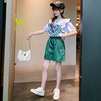 8岁女孩衣服夏款米奇丁当女童夏装套装洋气时髦短袖儿童装网红女绿色