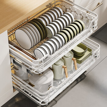 厨房橱柜拉篮抽屉式碗篮橱柜置物架双层碗碟调味料304不锈钢拉篮加厚