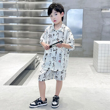 翡迹儿童装男童衬衫套装夏季中大童男孩运动休闲开衫短袖衬衣中裤国潮