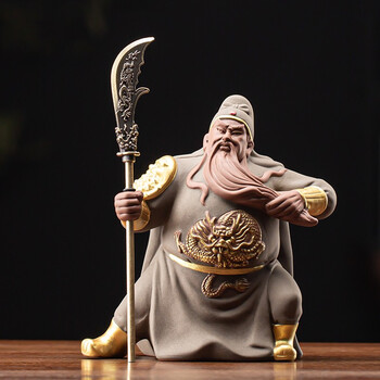 归瓷陶瓷精品可养紫砂关公持刀关云长茶宠摆件 文武关羽高档茶玩茶道