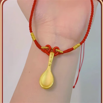 蒂鹅老凤凰黄金足金999福字金汤勺吊坠转运珠红绳项链情侣送女友礼物