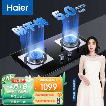 海尔（Haier）燃气灶 智能防干烧 5.0KW大火力 一级能效 瞬燃点火 台嵌两用 天然气灶 煤气灶双灶QE9B1(天)