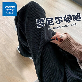 真维斯（Jeanswest）雪尼尔阔腿裤女春秋季2025新款垂感女士直筒休闲加绒保暖长裤女装 黑色 纯色 XL