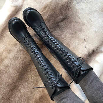 靴中长款女靴子冬季保暖长筒靴秋骑士靴绑带高筒不过膝长靴黑色加绒35