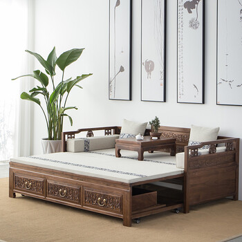 罗汉床新中式新中式黑胡桃实木简约伸缩推拉小户型罗汉床榻沙发客厅茶