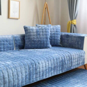 简约现代皮法兰绒沙发垫冬季坐垫布艺短毛绒沙发套巾防滑定做直宝石蓝