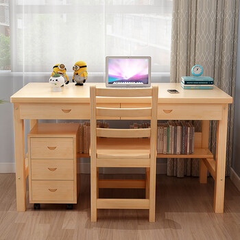 书桌收纳经济型电脑桌松 原木双抽款单桌 椅子 80x60x75cm【图片 价格