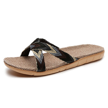 花乐集亚麻拖鞋女夏天家用室内居家办公室地板防滑底情侣凉拖鞋男黑色