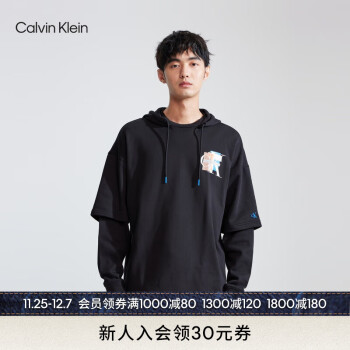Calvin Klein  Jeans23秋冬新款男士时尚层叠印花纯棉假两件连帽卫衣J324403 BEH-太空黑 S
