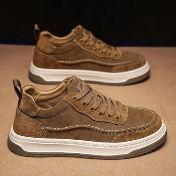 平板鞋真皮黑色翻毛男士休闲皮鞋工作防水潮鞋棕色升级款41运动鞋码