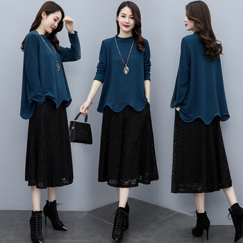 楚馨两件套套装裙2022秋装新款秋季女装时尚休闲遮肚子韩版宽松气质春秋女士长袖连衣裙中长款裙子 孔雀蓝 M