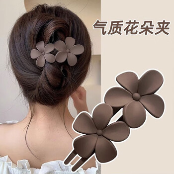 千银鸟花朵夹子头饰女气质发夹头发夹子后脑勺盘发大号鸭子鸭嘴夹 01_咖色大花朵发夹