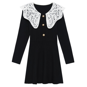 A21女装翻领长袖伞形短连衣裙 黑色 M