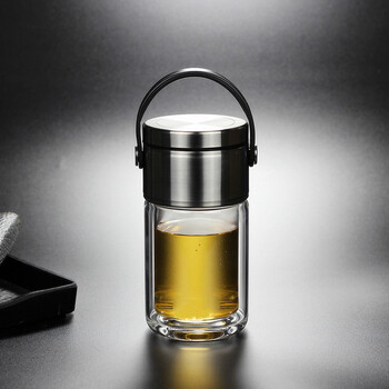 π玻璃杯茶水分离双层便携迷你水杯子泡茶加厚办公家用 黑色-120ml