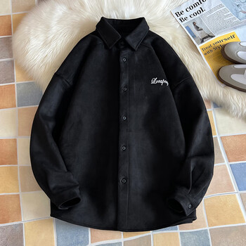 肆缄字母刺绣衬衫男长袖日系复古麂皮绒外套秋冬潮牌宽松休闲衬衣黑色